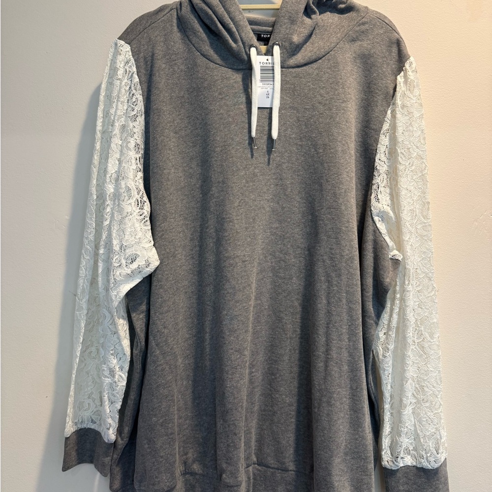 Torrid Gray Hoodie with White Drawstrings and  Ivory Lace Sleeves
